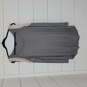 RXB large grey waffle knit shirt with cream crochet peek a boo shoulders